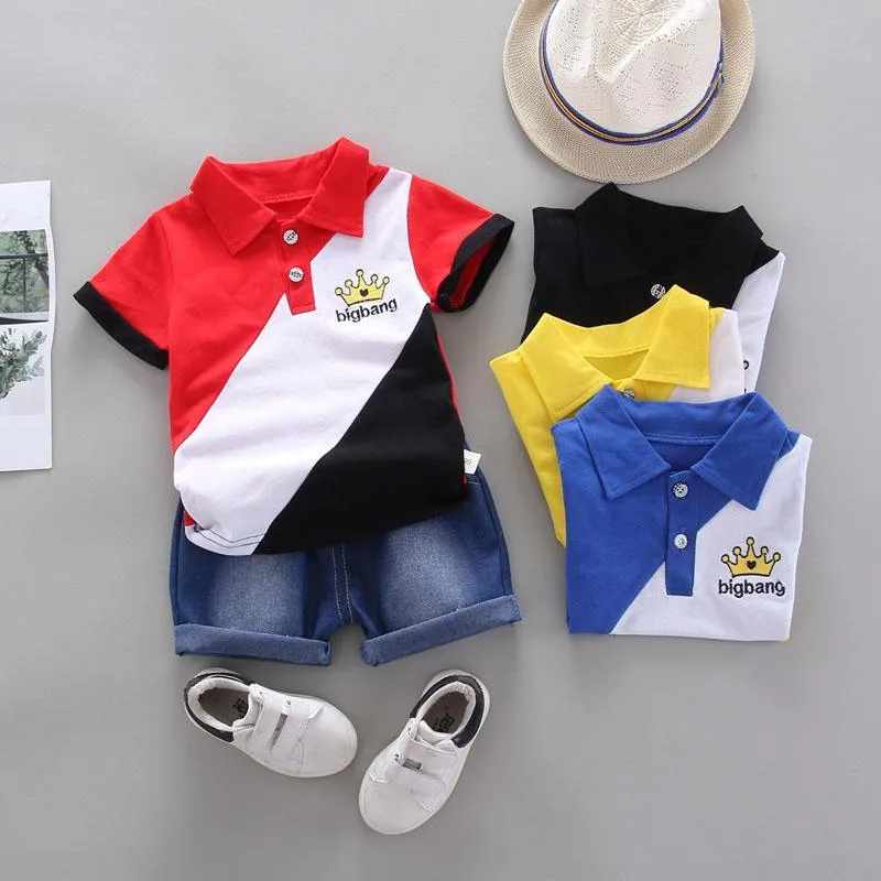 2-piece Color-block Polo Shirt & Short Jeans for Children Boy