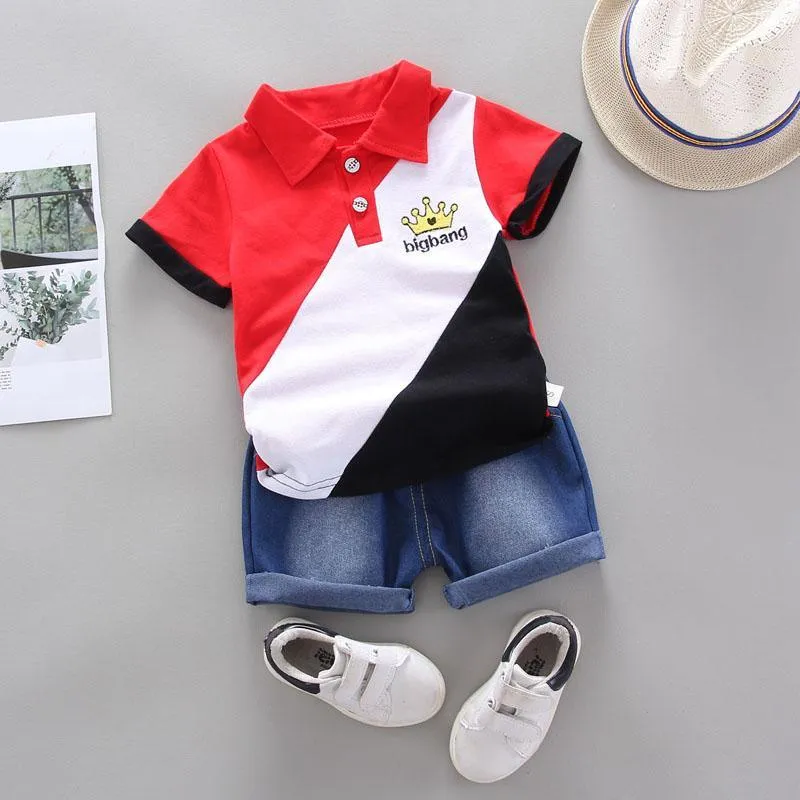 2-piece Color-block Polo Shirt & Short Jeans for Children Boy