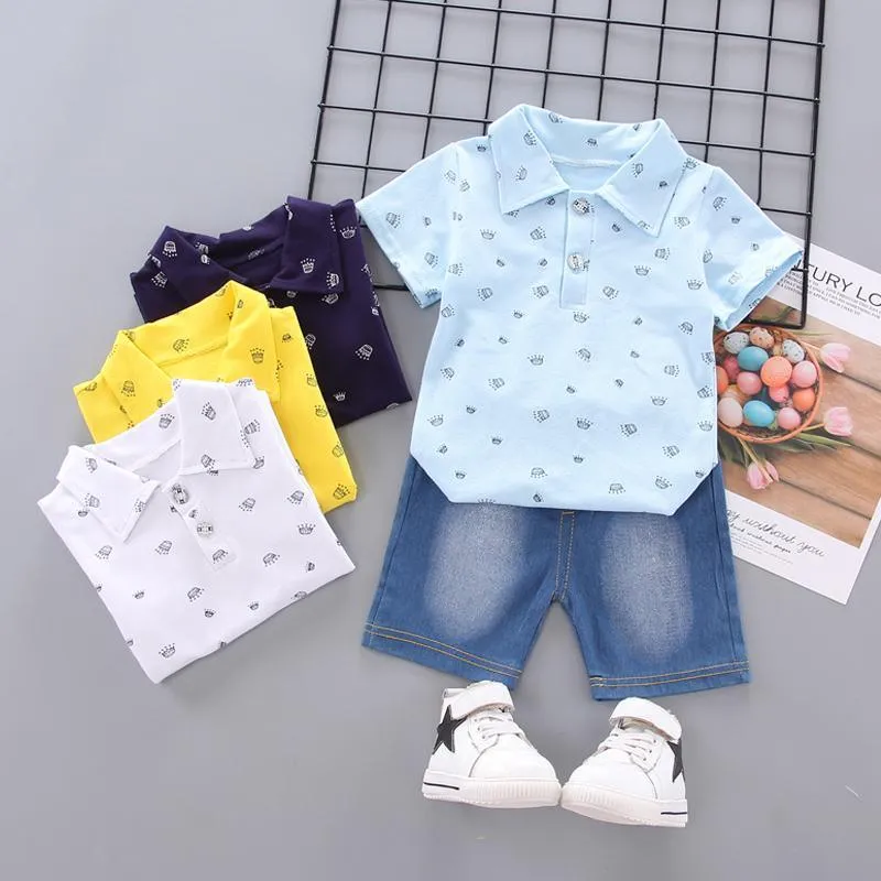 2-piece Crown Printed Polo Shirt & Jeans for Toddler Boy Wholesale children's clothing