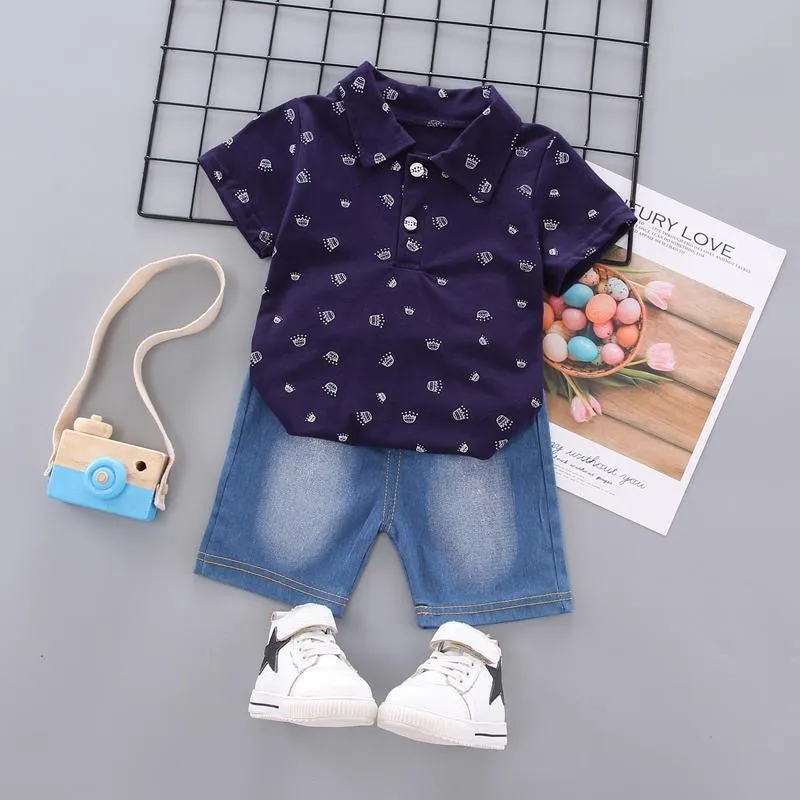 2-piece Crown Printed Polo Shirt & Jeans for Toddler Boy Wholesale children's clothing