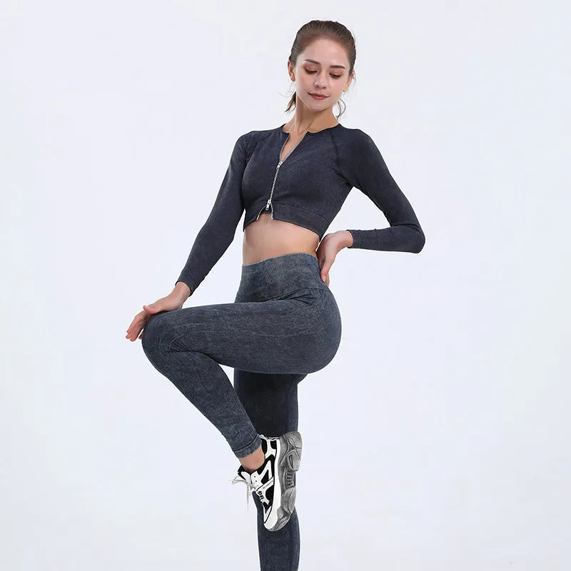 3 Piece High Waist Hip Push Pants Gym Suit Seamless Zipper Sports Yoga Fitness Shaping Activewear