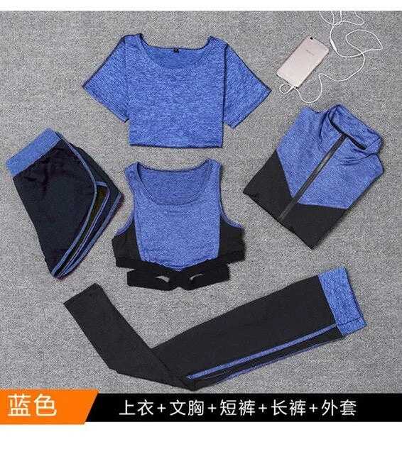 5 pieces sets coat t shirt bra shorts leggings women yoga clothing quick dry outdoor sports running fitness gym ropa deportiva