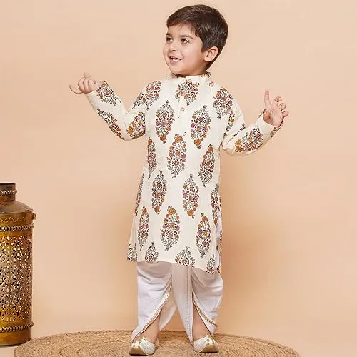 AJ DEZINES Kids Ethnic Wear Cotton Floral Printed Dhoti Kurta Set For Boys (DUP-1913-CREAM-20)