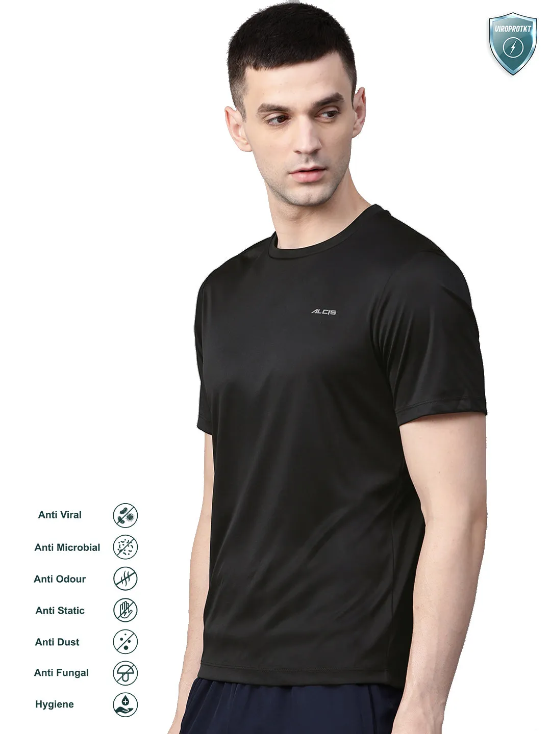 Alcis Men Black Slim Fit Solid Round Neck VIROPROTKT Training T-shirt