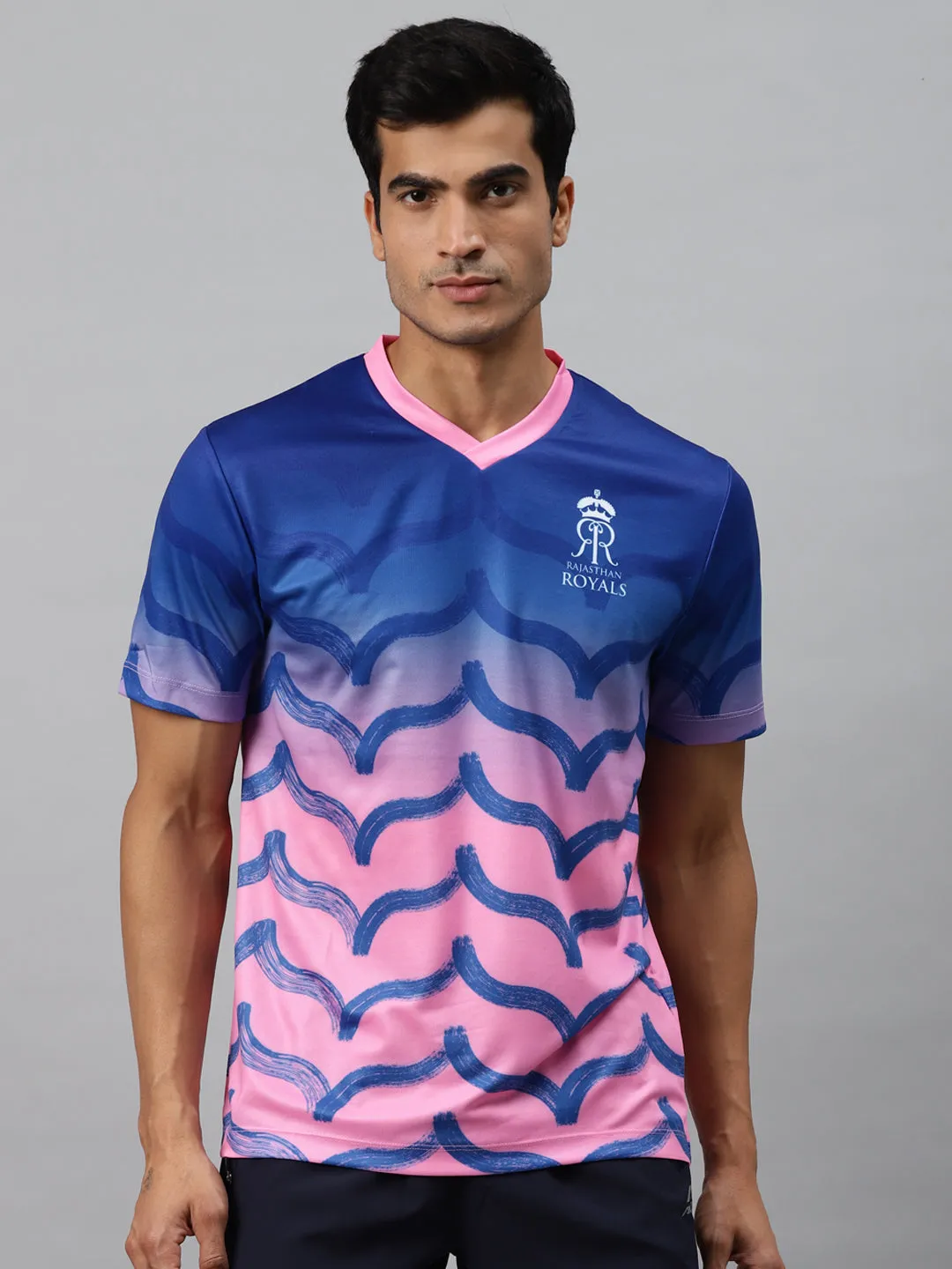 Alcis Men Blue Pink Printed Slim Fit V-Neck T-shirt