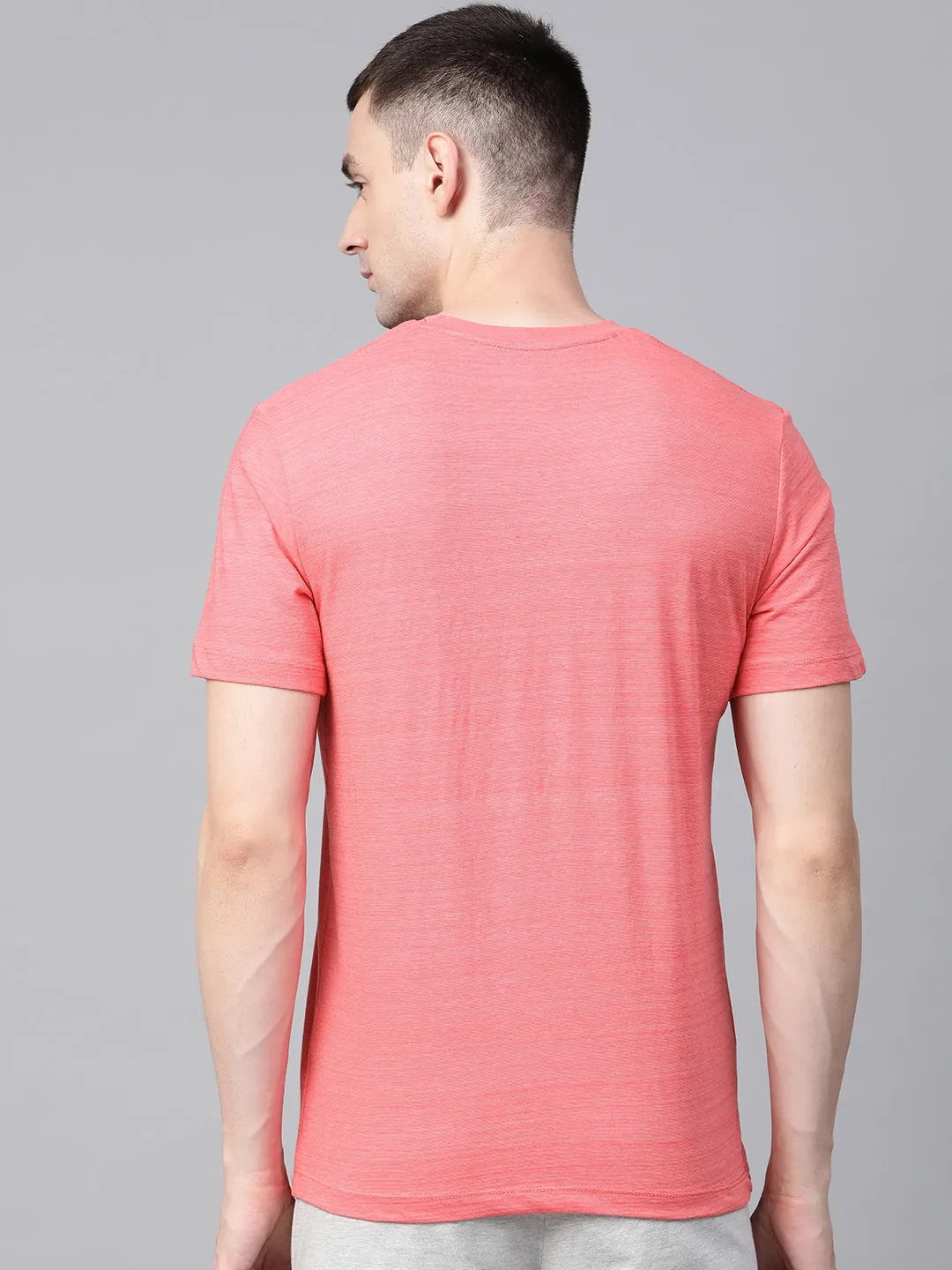 Alcis Men Coral Pink Navy Blue Printed Round Neck T-shirt