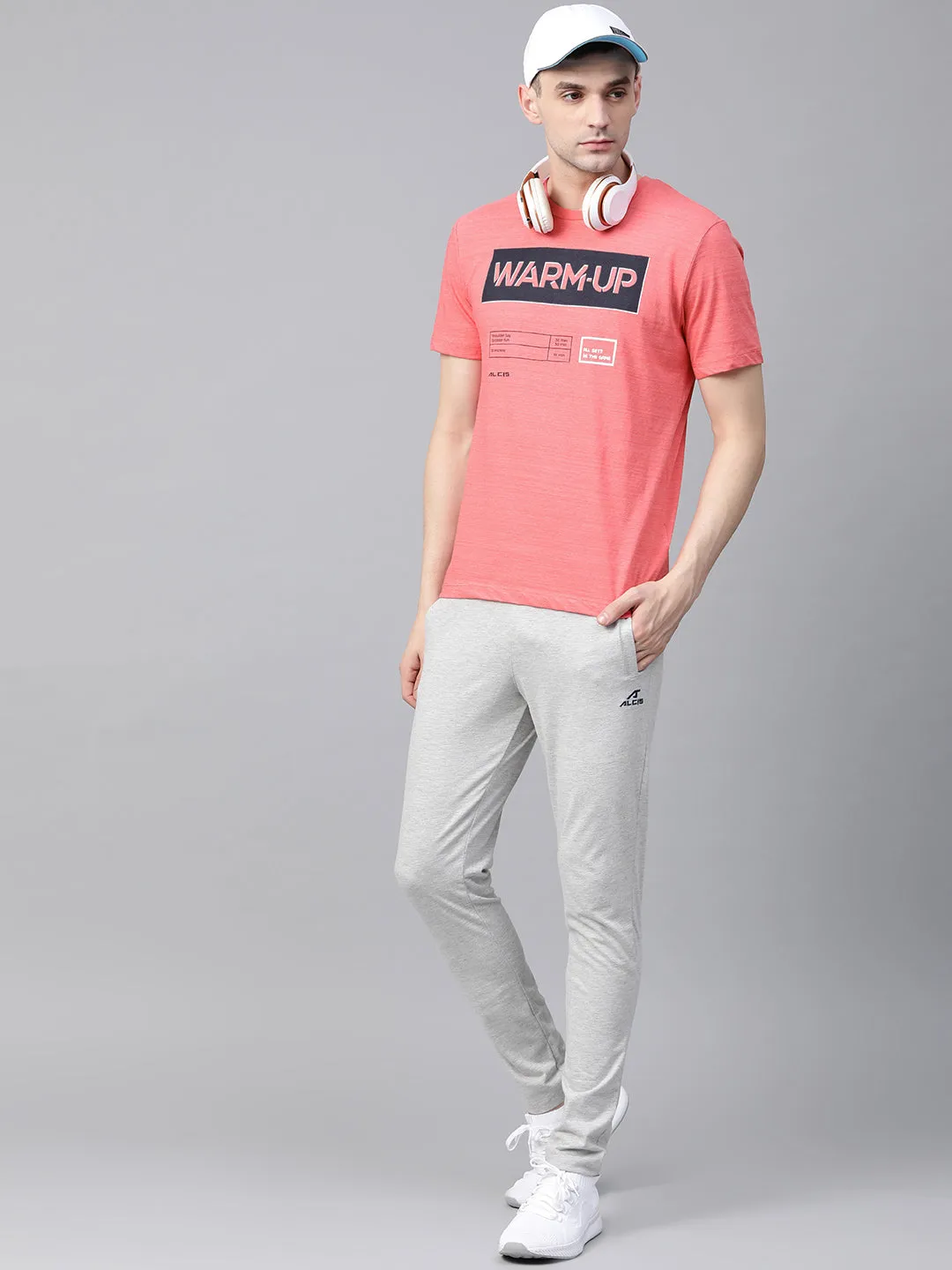 Alcis Men Coral Pink Navy Blue Printed Round Neck T-shirt