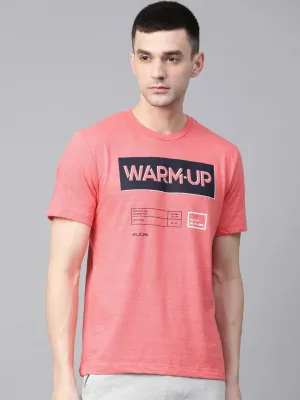 Alcis Men Coral Pink Navy Blue Printed Round Neck T-shirt