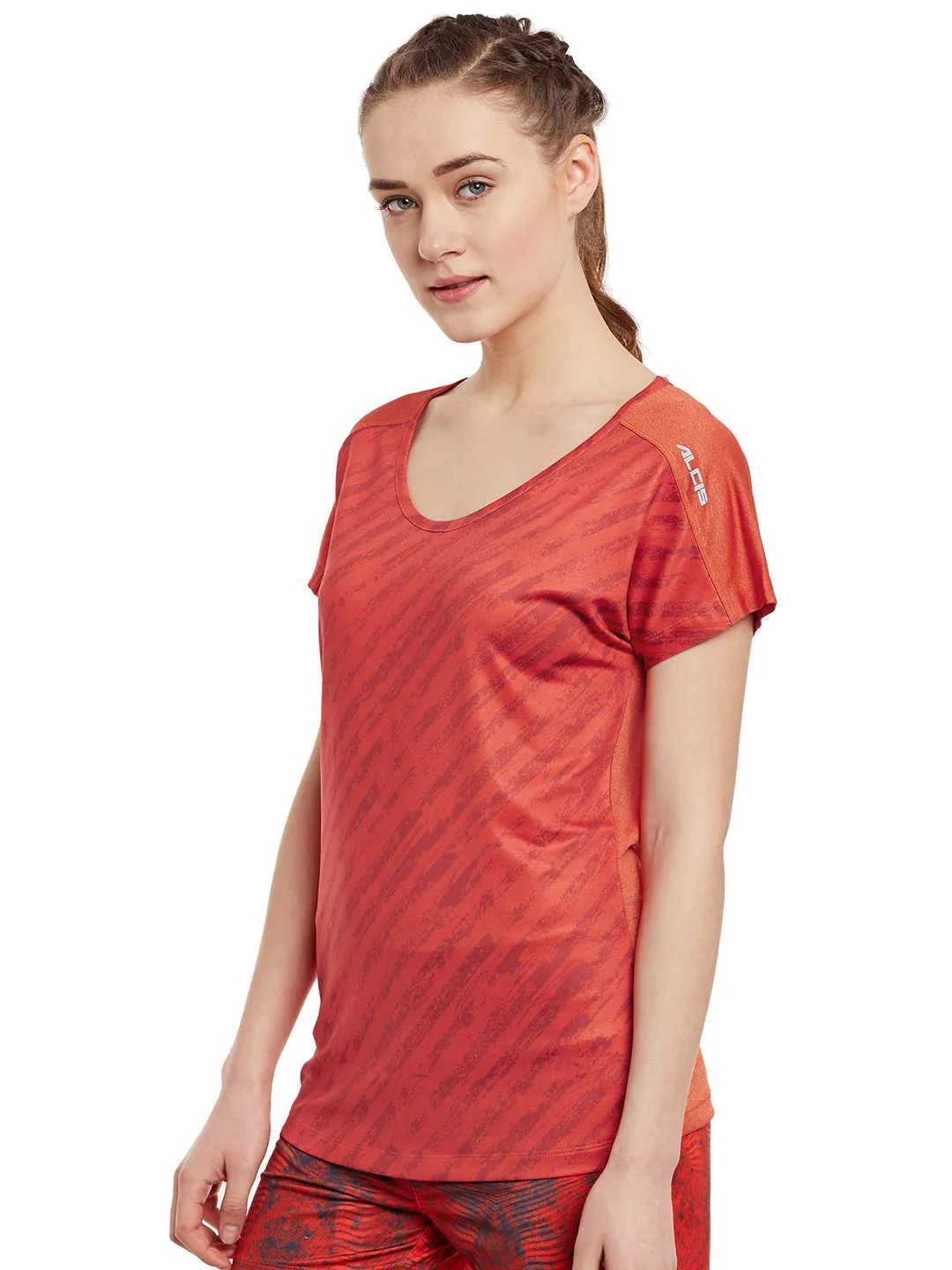 Alcis Women Orange Graphic Print Slim Round Neck Training T-shirt