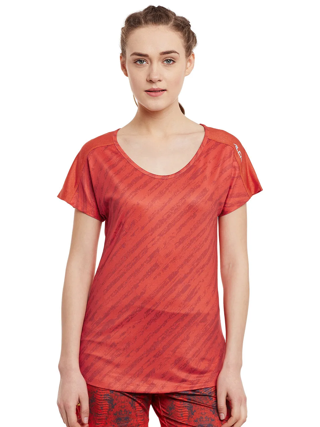 Alcis Women Orange Graphic Print Slim Round Neck Training T-shirt