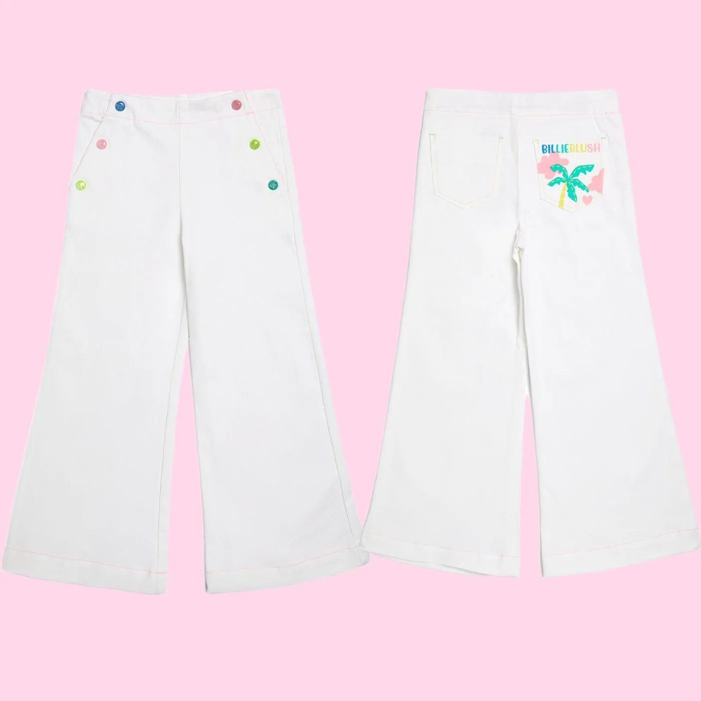 Billieblush Girls White Multicolored Button Wide Leg Pants