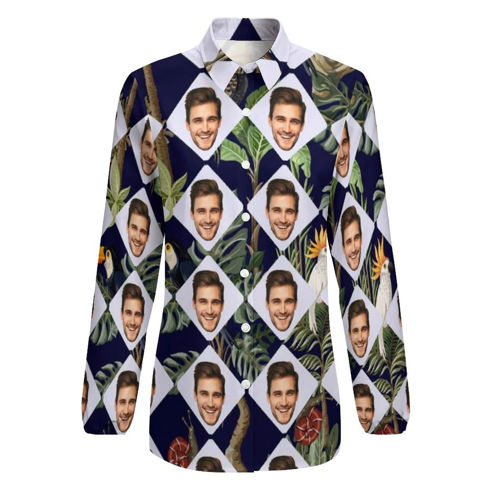 Custom Face Grid Tropical Style Vntage Casual Long Sleeve Hawaiian Shirts