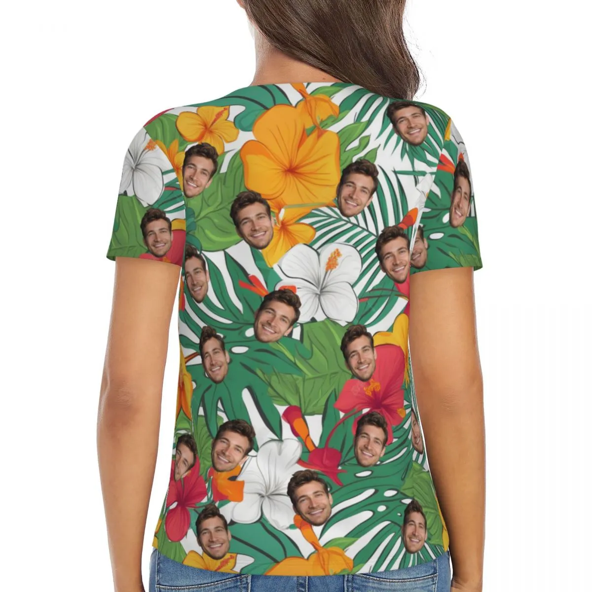 Custom Face Leaves & Flowers Style Women's V-Neck T-Shirt