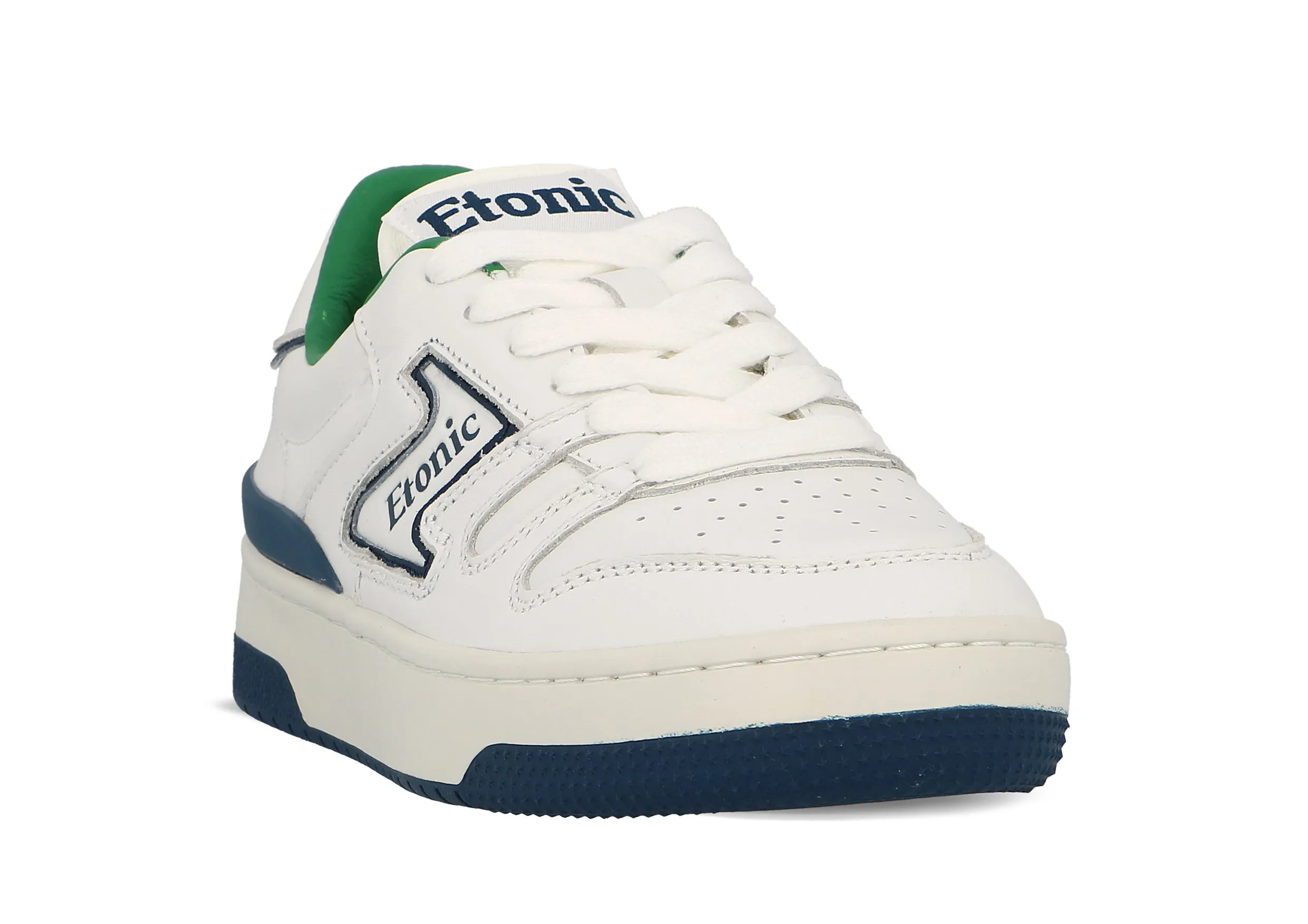 Etonic B481 sneakers in white leather with navy blue details, green lining and white midsole with navy blue bottom outsole.