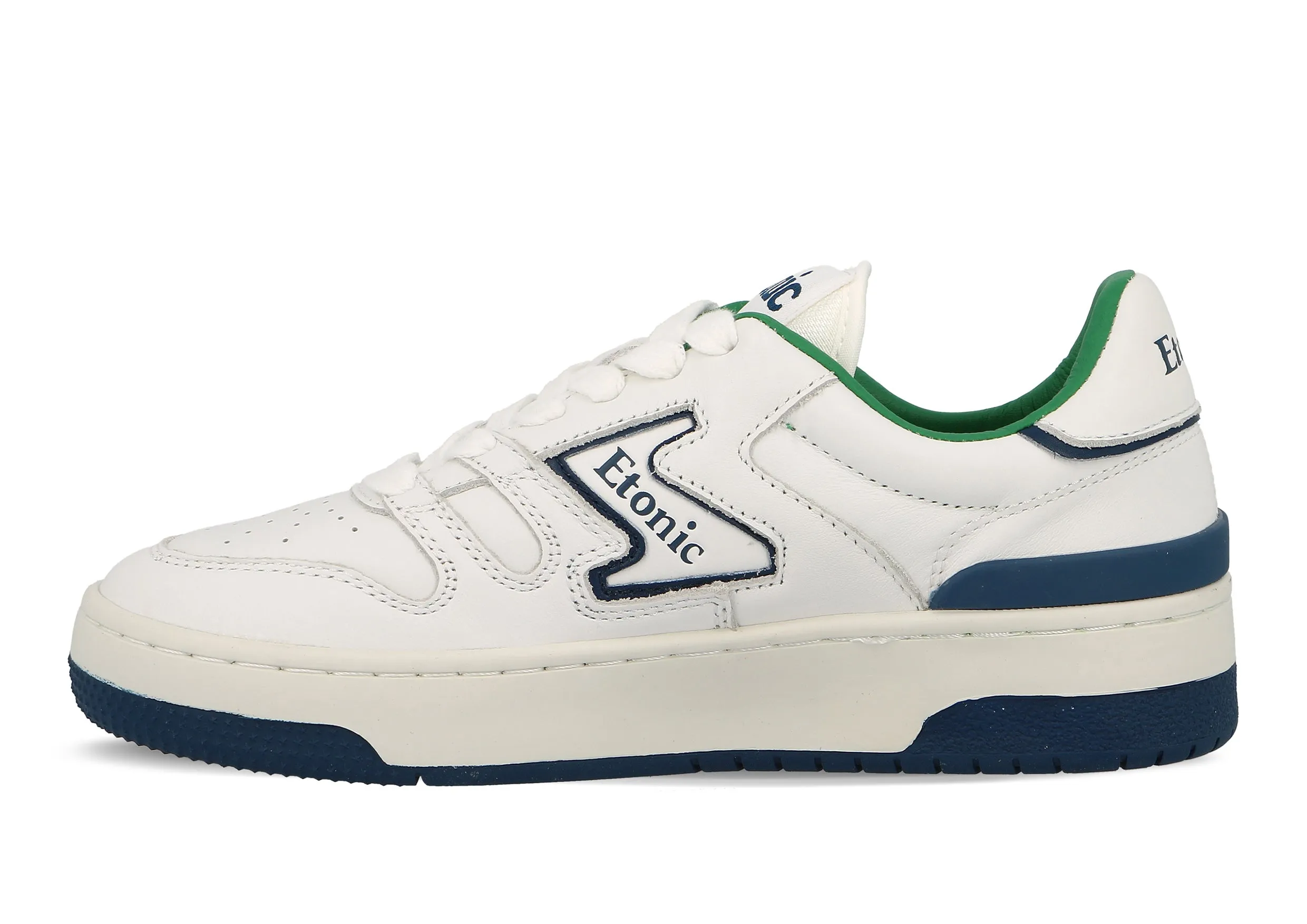 Etonic B481 sneakers in white leather with navy blue details, green lining and white midsole with navy blue bottom outsole.