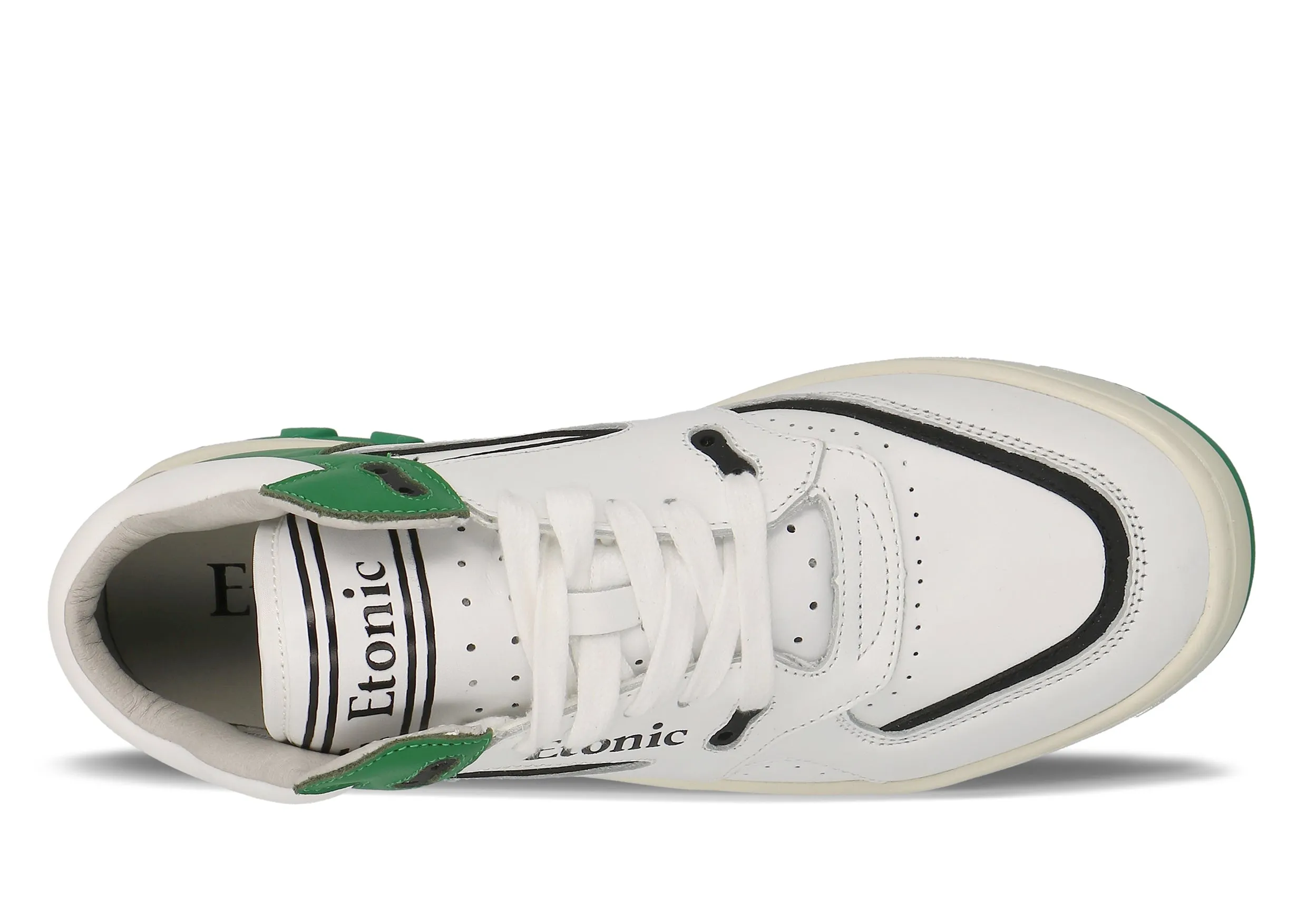 Etonic B583 sneakers in white leather and green details with off white midsole and green bottom outsole.