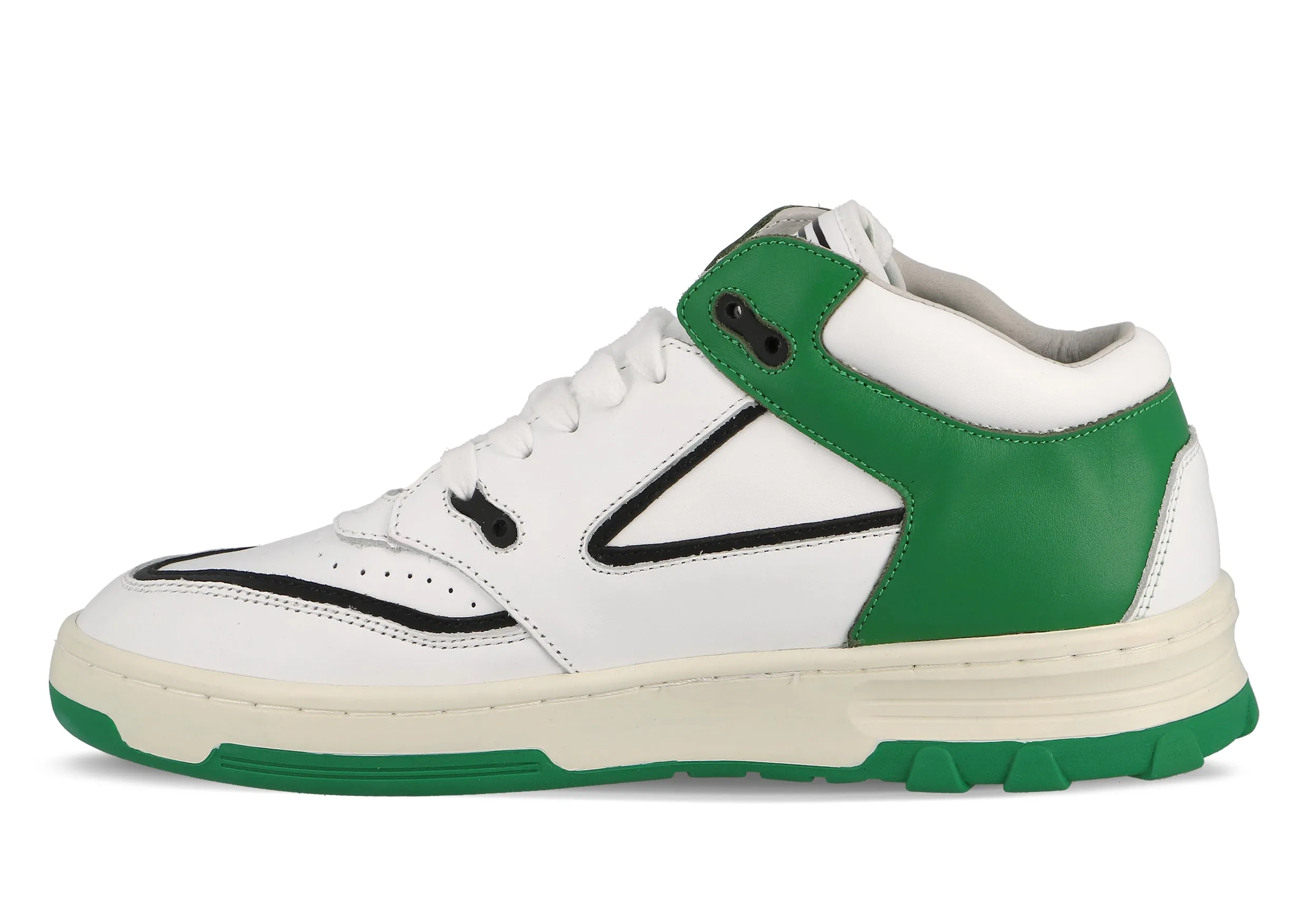 Etonic B583 sneakers in white leather and green details with off white midsole and green bottom outsole.