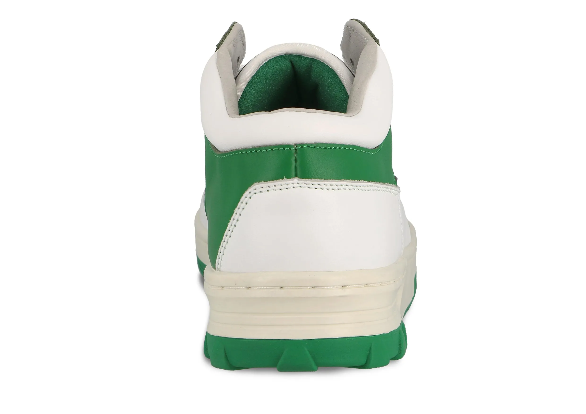 Etonic B583 sneakers in white leather and green details with off white midsole and green bottom outsole.