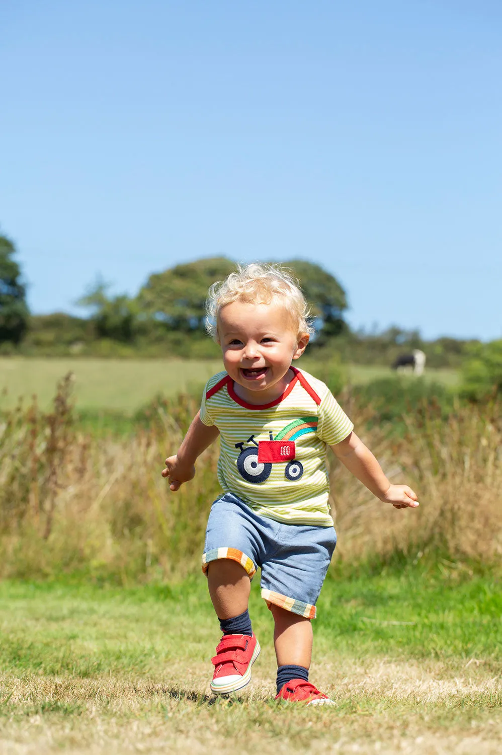 Frugi Bobster Applique T-Shirt Stripe Tractor