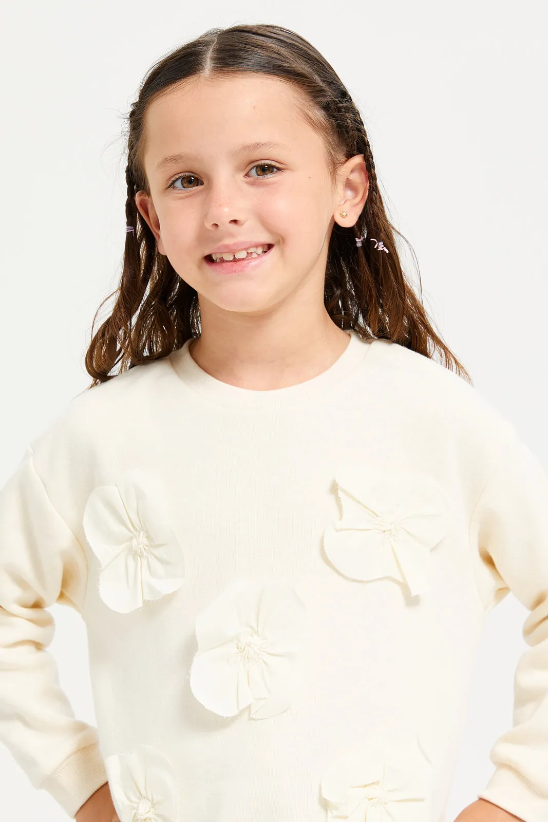 Girls Cream Embellished Flowers Sweatshirt