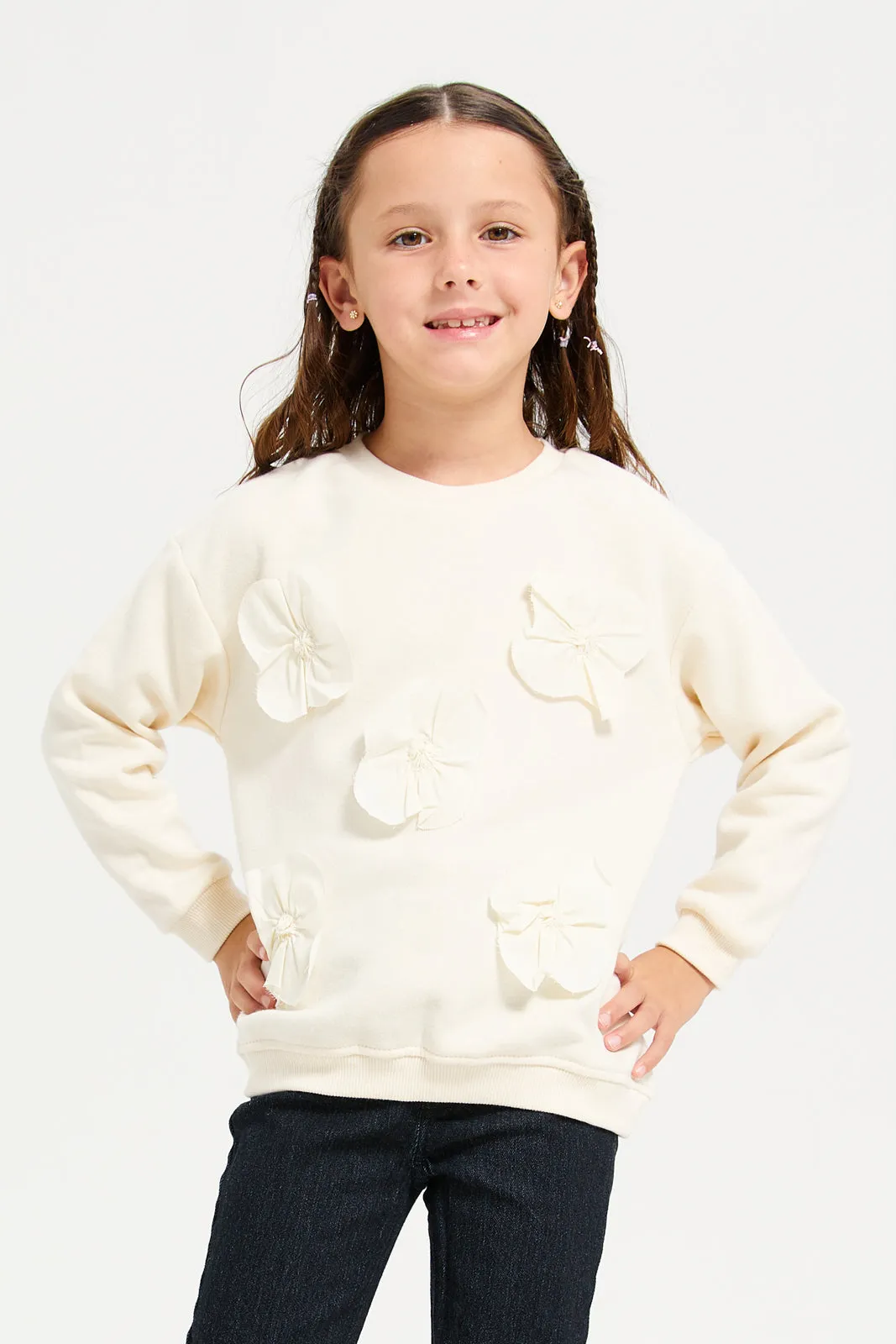 Girls Cream Embellished Flowers Sweatshirt