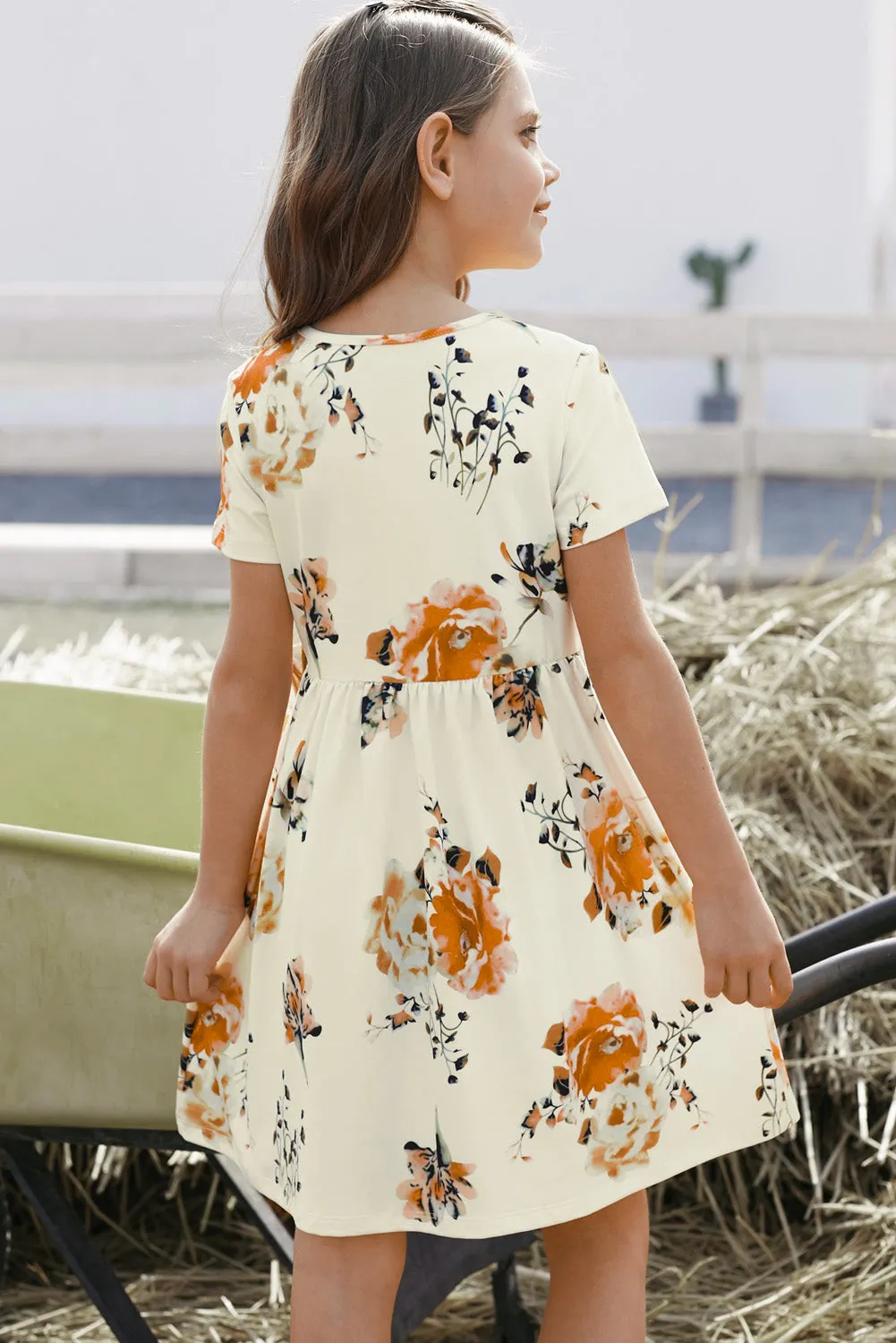 Girls Floral Short Sleeve Round Neck Dress