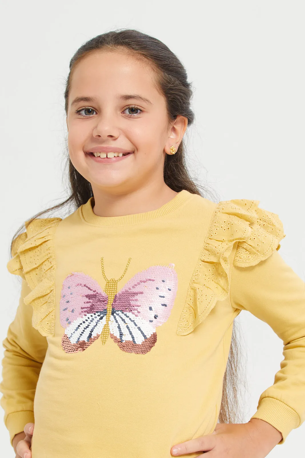 Girls Mustard Butterfly Sequins Sweatshirt