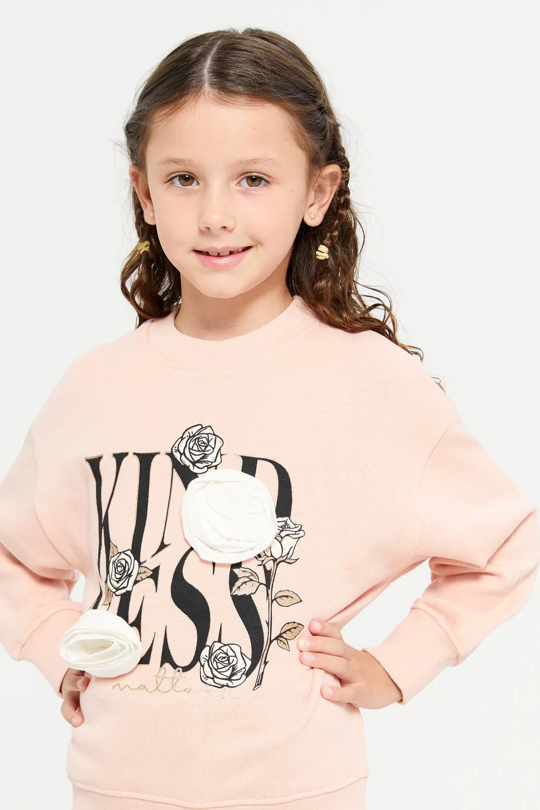 Girls Pink Floral Embellished Sweatshirt