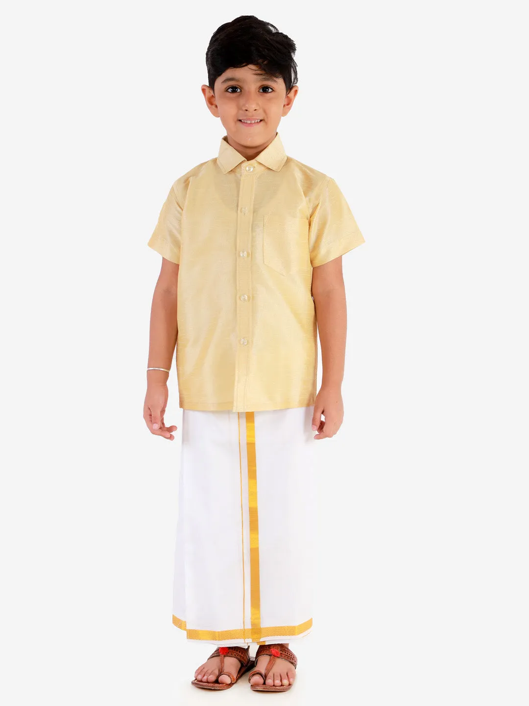 Jashvi Boys' Gold Silk Short Sleeves Ethnic Shirt Mundu Vesty Style Dhoti Pant Set