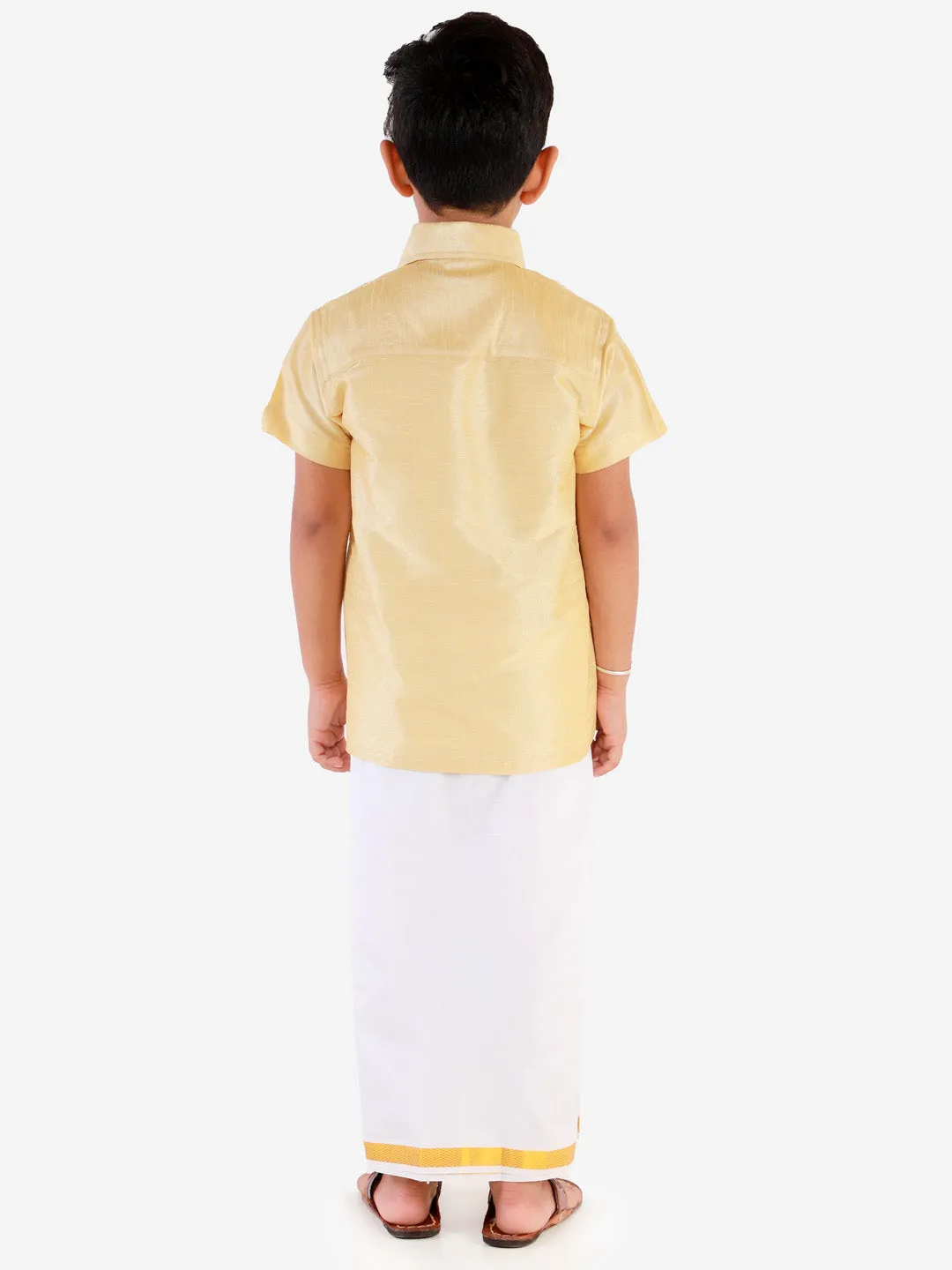 Jashvi Boys' Gold Silk Short Sleeves Ethnic Shirt Mundu Vesty Style Dhoti Pant Set