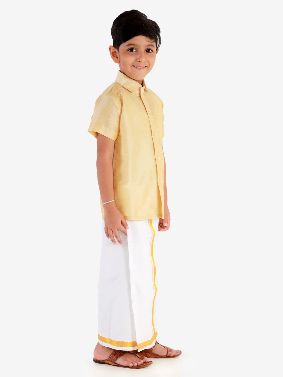 Jashvi Boys' Gold Silk Short Sleeves Ethnic Shirt Mundu Vesty Style Dhoti Pant Set