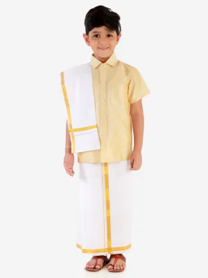 Jashvi Boys' Gold Silk Short Sleeves Ethnic Shirt Mundu Vesty Style Dhoti Pant Set