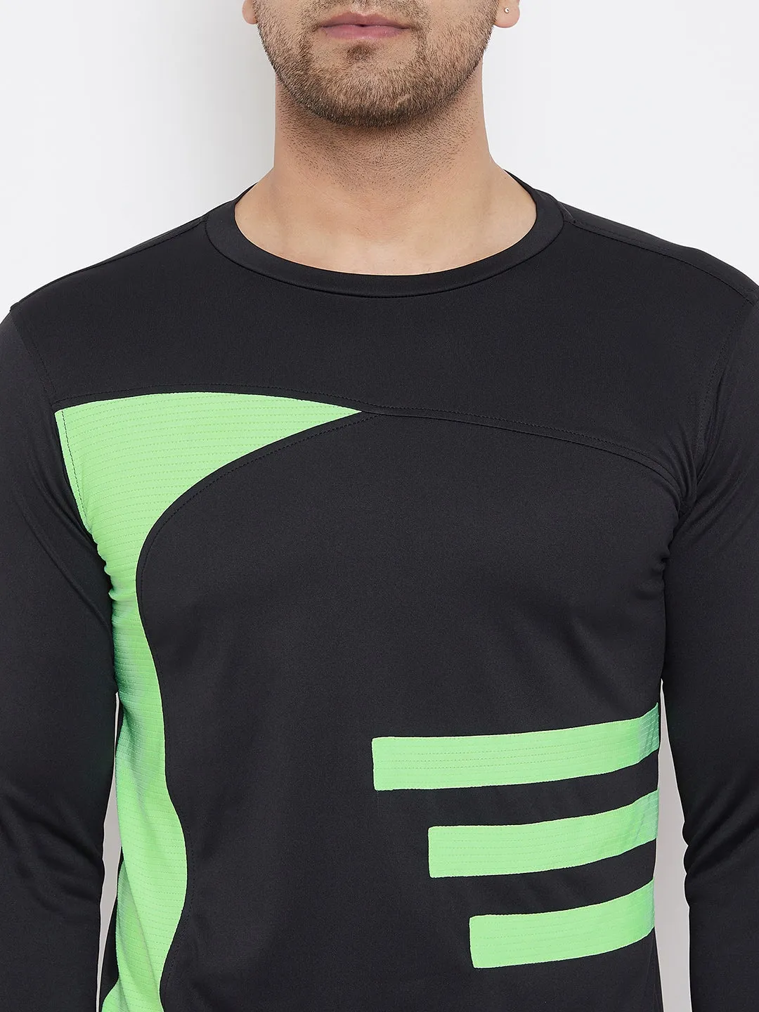 JUMP USA Men Black & Green Striped Active Wear T-shirt