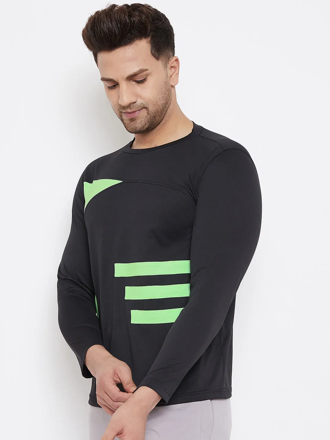 JUMP USA Men Black & Green Striped Active Wear T-shirt