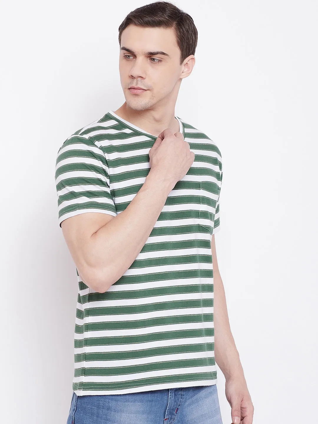 JUMP USA Men Green Striped V-neck Tshirt