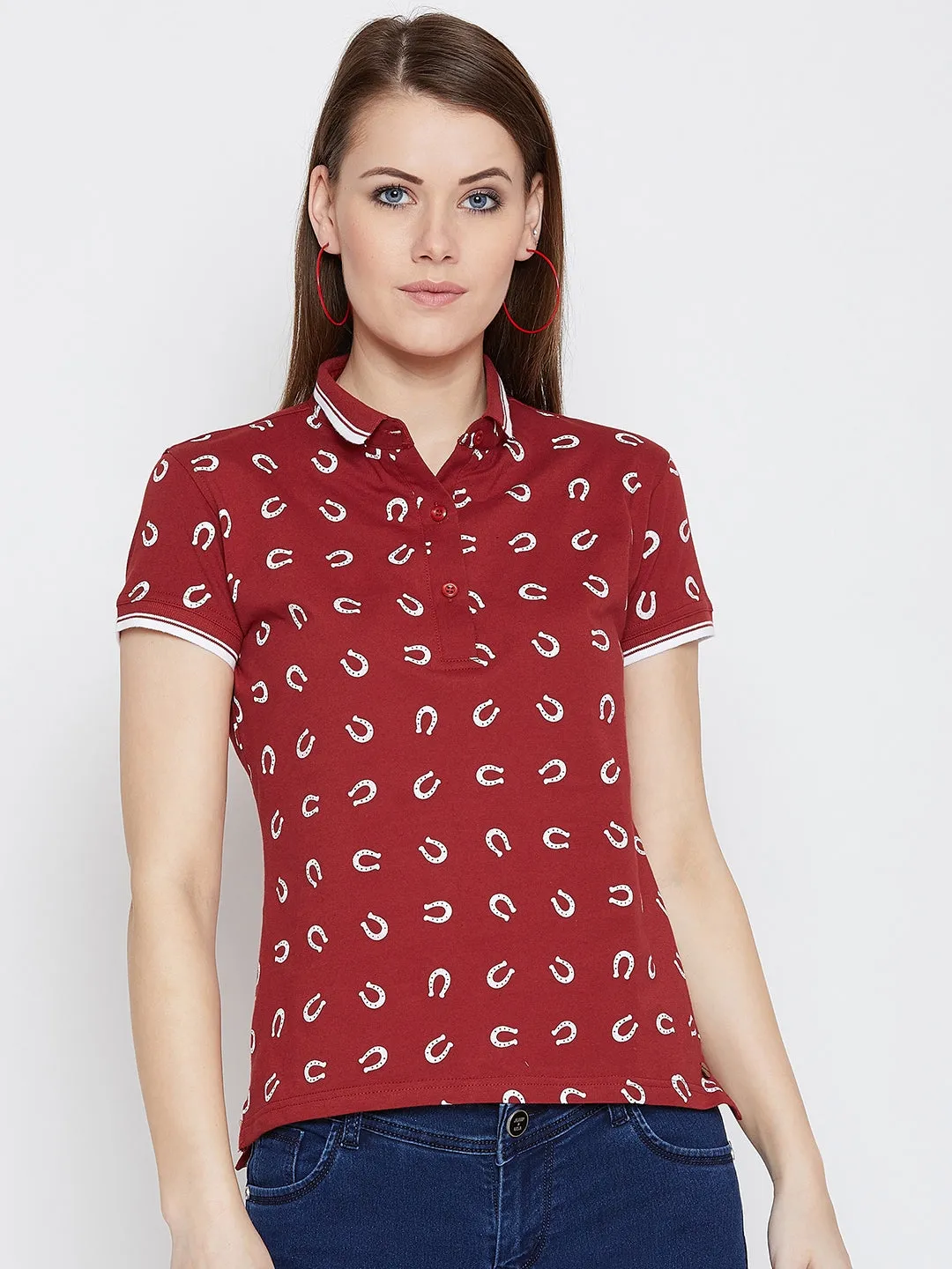 JUMP USA Women Red Printed Polo Collar T-Shirt