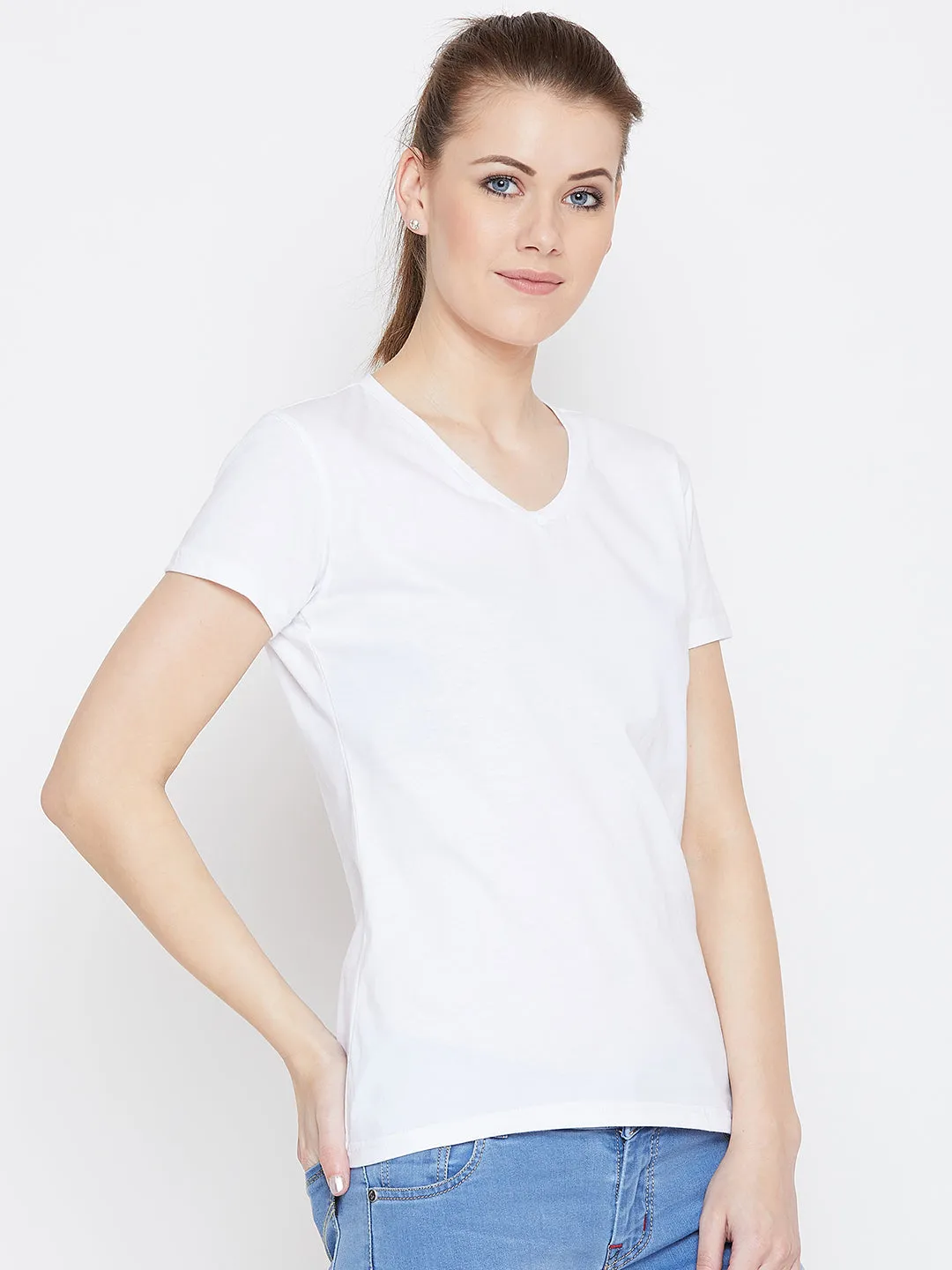 JUMP USA Women White Cotton Solid Casual V-Neck Neck Tshirt