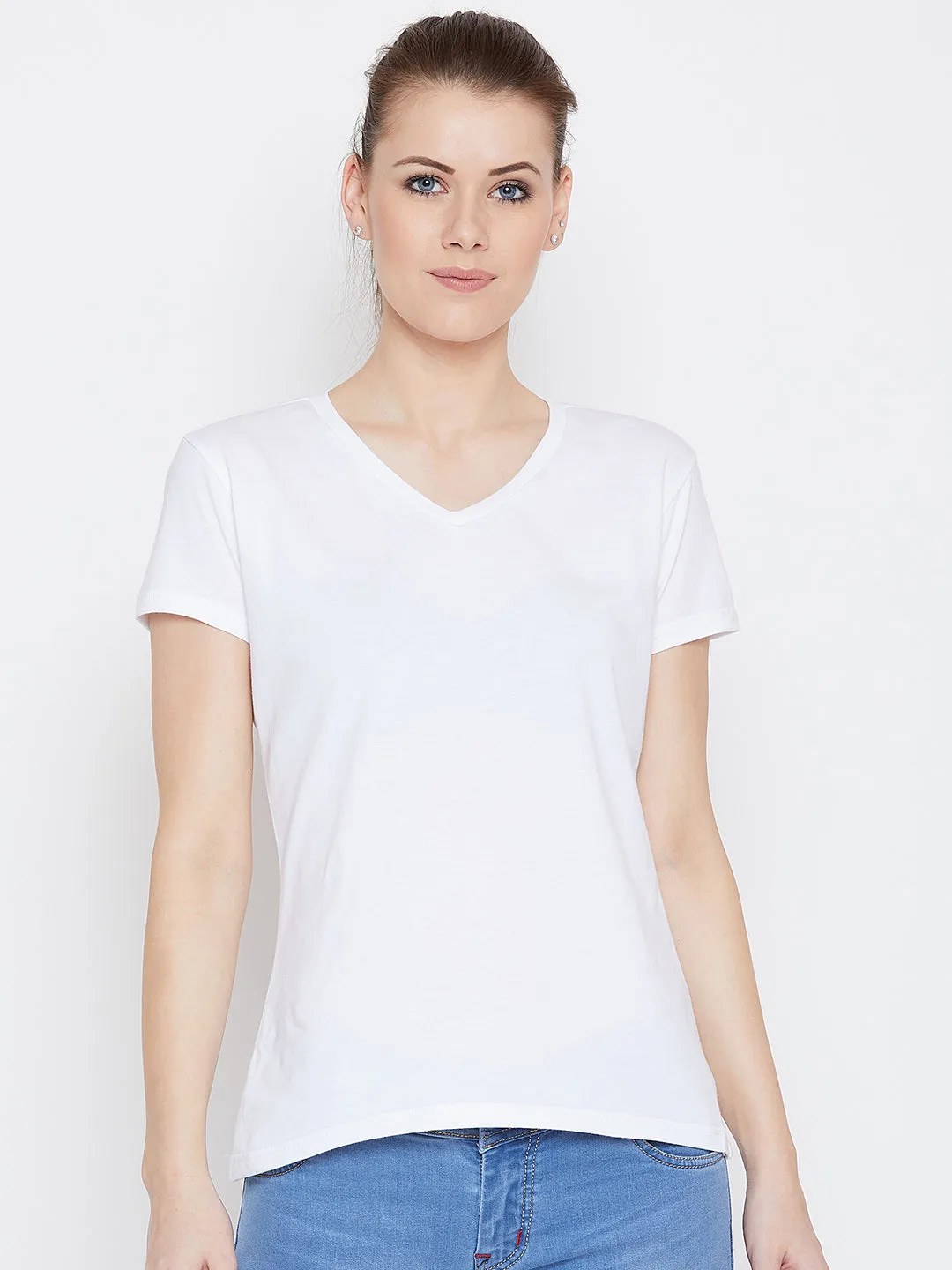 JUMP USA Women White Cotton Solid Casual V-Neck Neck Tshirt