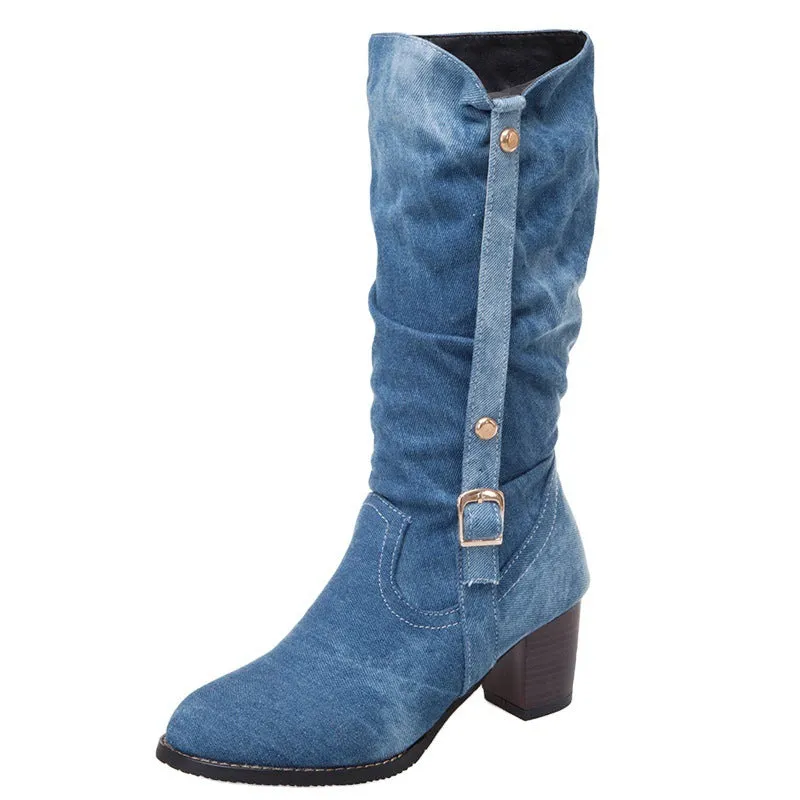 Middle Denim Women's High Heel Boots