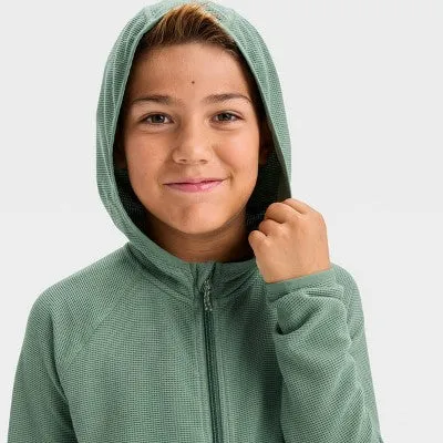 New - All In Motion Kids Full Zip Hooded Waffle Knit Sweatshirt Length Zipper