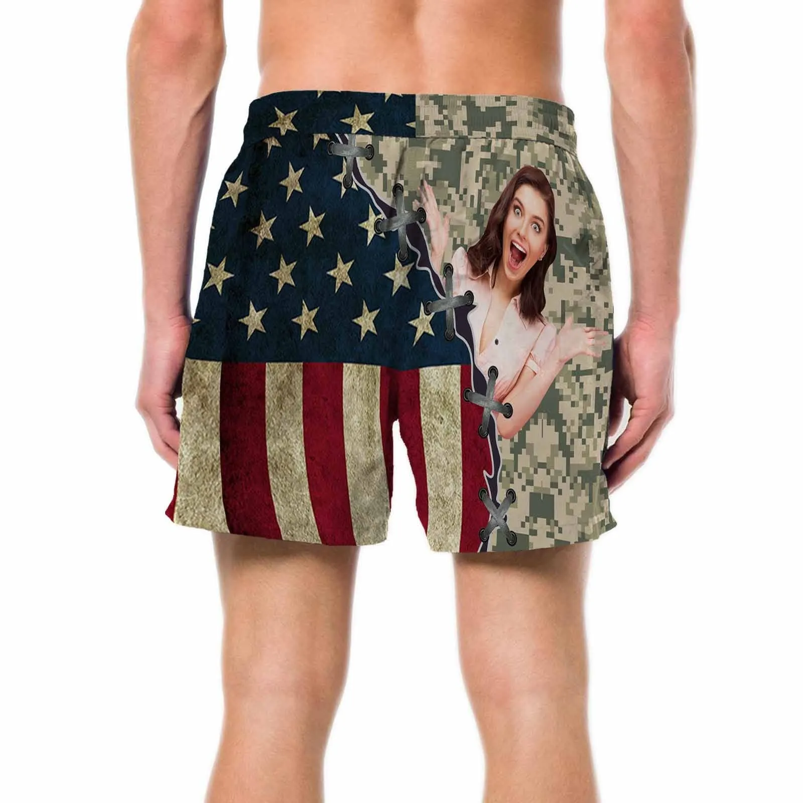 Personalized Face Swim Trunks Custom Swimming Trunks with Flag Men's Quick Dry Swim Shorts for Him