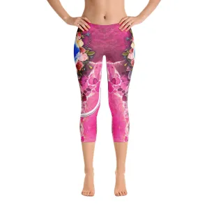 Pink Floral Capri Leggings Floral Print Capri Pants Women Leggings Pink Capri Leggings, PF - LLP02