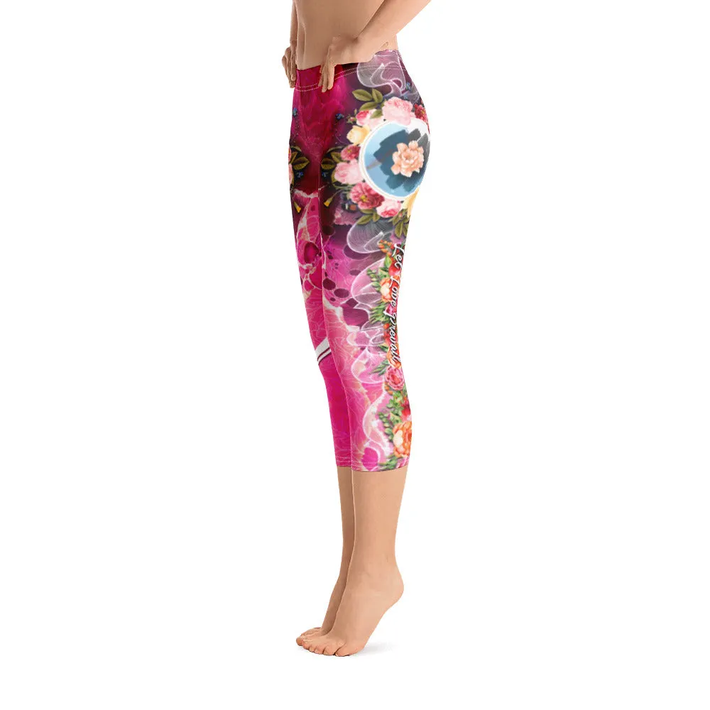 Pink Floral Capri Leggings Floral Print Capri Pants Women Leggings Pink Capri Leggings, PF - LLP02