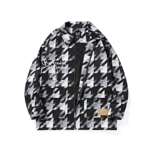 Plaid doodle print work jacket with large pockets with rotator sleeves