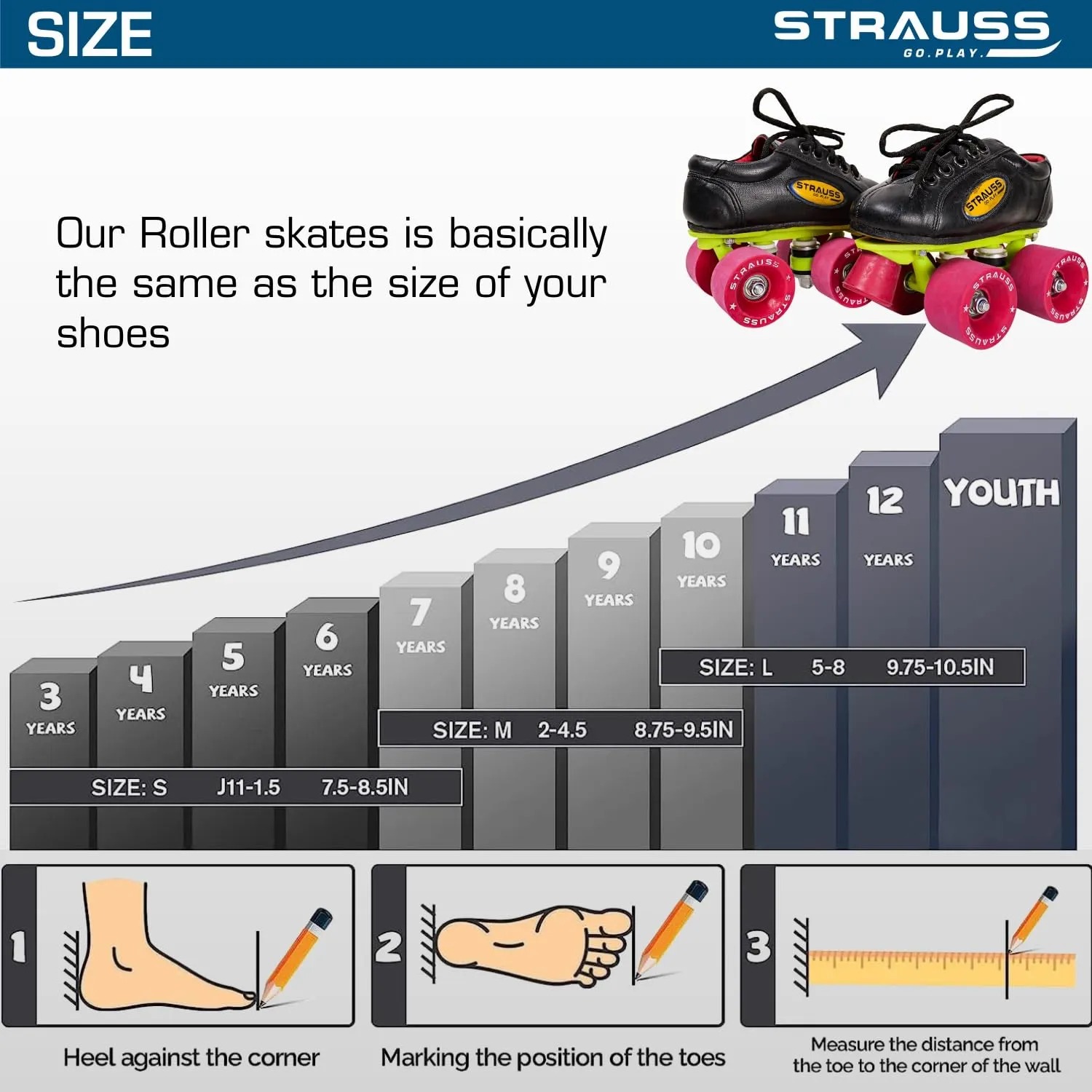 STRAUSS Gripper Skating Shoes | Fixed Body Roller Skates | Shoe Skate With Rubber Wheel |Ideal For Boys, Girls and Kids |Suitable For All Skill Level | Ideal For Kids (11-12 Years) , Size-4,(Red/Black)