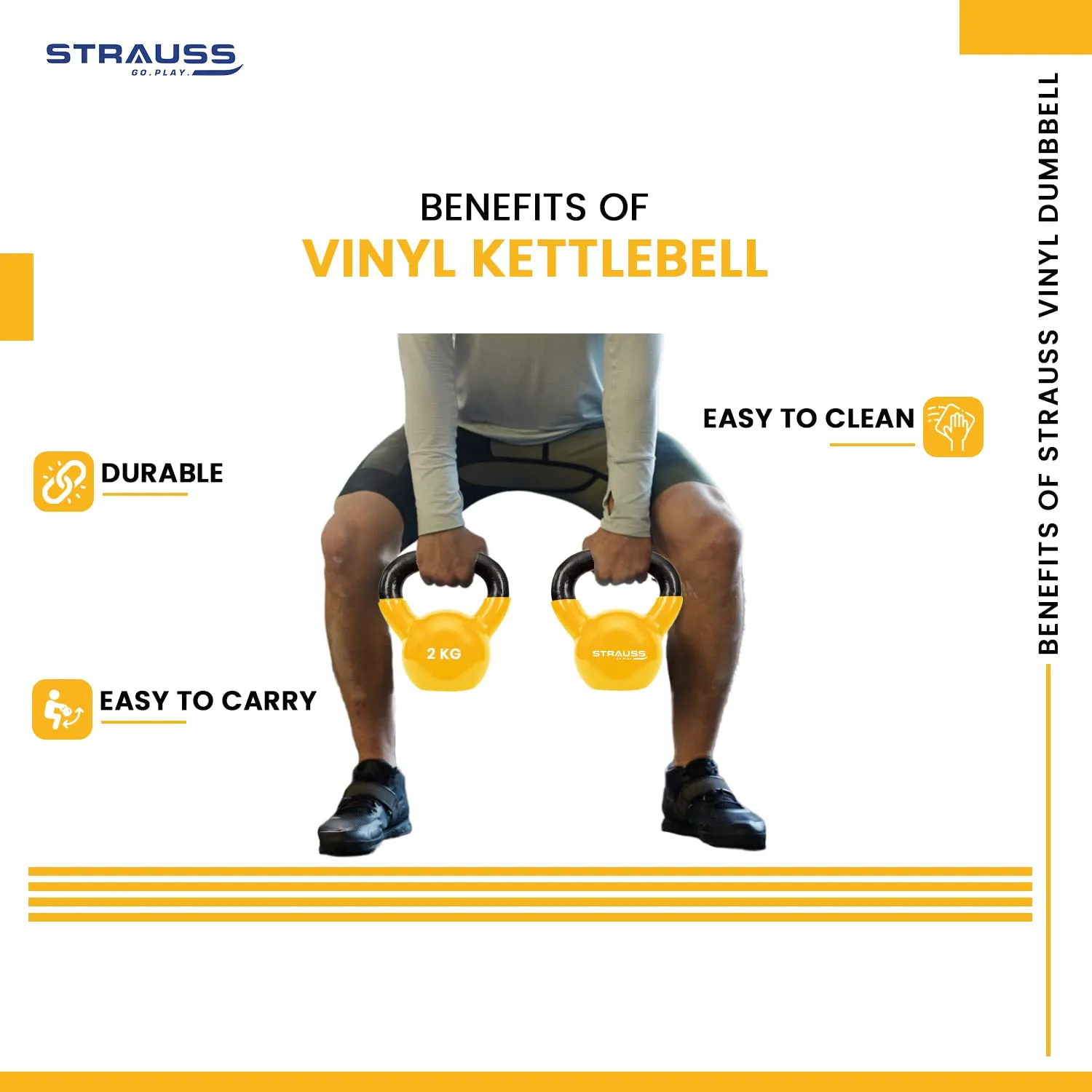 Strauss Premium Vinyl Kettlebell Weight for Men & Women | 10 Kg | Ideal for Home Workout, Yoga, Pilates, Gym Exercises | Non-Slip, Easy to Hold, Scratch Resistant (Yellow)