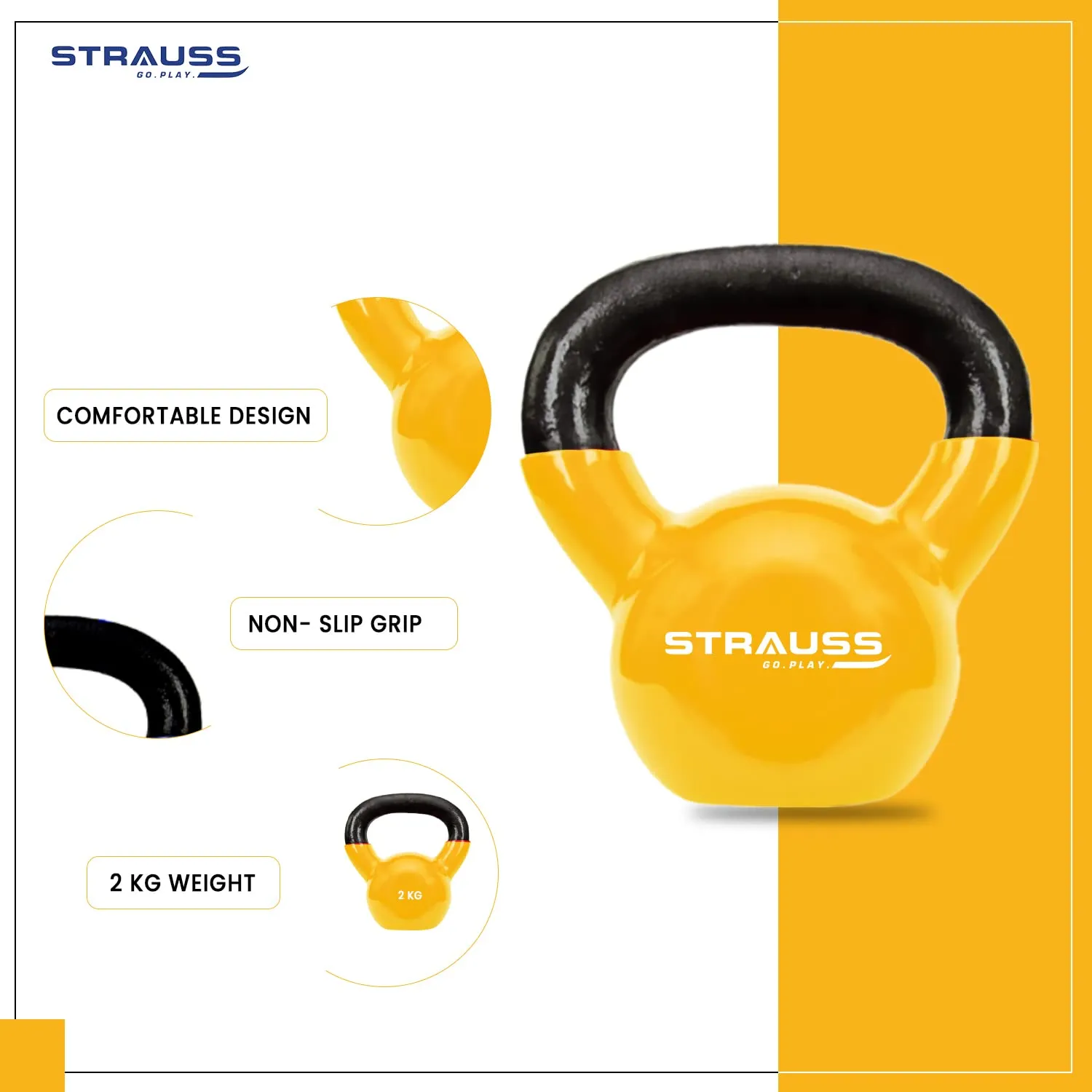 Strauss Premium Vinyl Kettlebell Weight for Men & Women | 10 Kg | Ideal for Home Workout, Yoga, Pilates, Gym Exercises | Non-Slip, Easy to Hold, Scratch Resistant (Yellow)