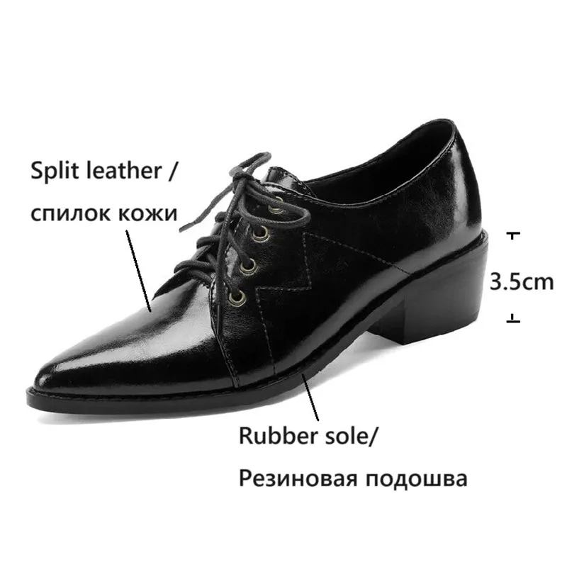 TAVIMART  -  NEW Spring/Autumn Women Pumps Split Leather Shoes for Women Pointed Toe Chunky Heel Shoes Casual Black Lace-up Handmade Shoes