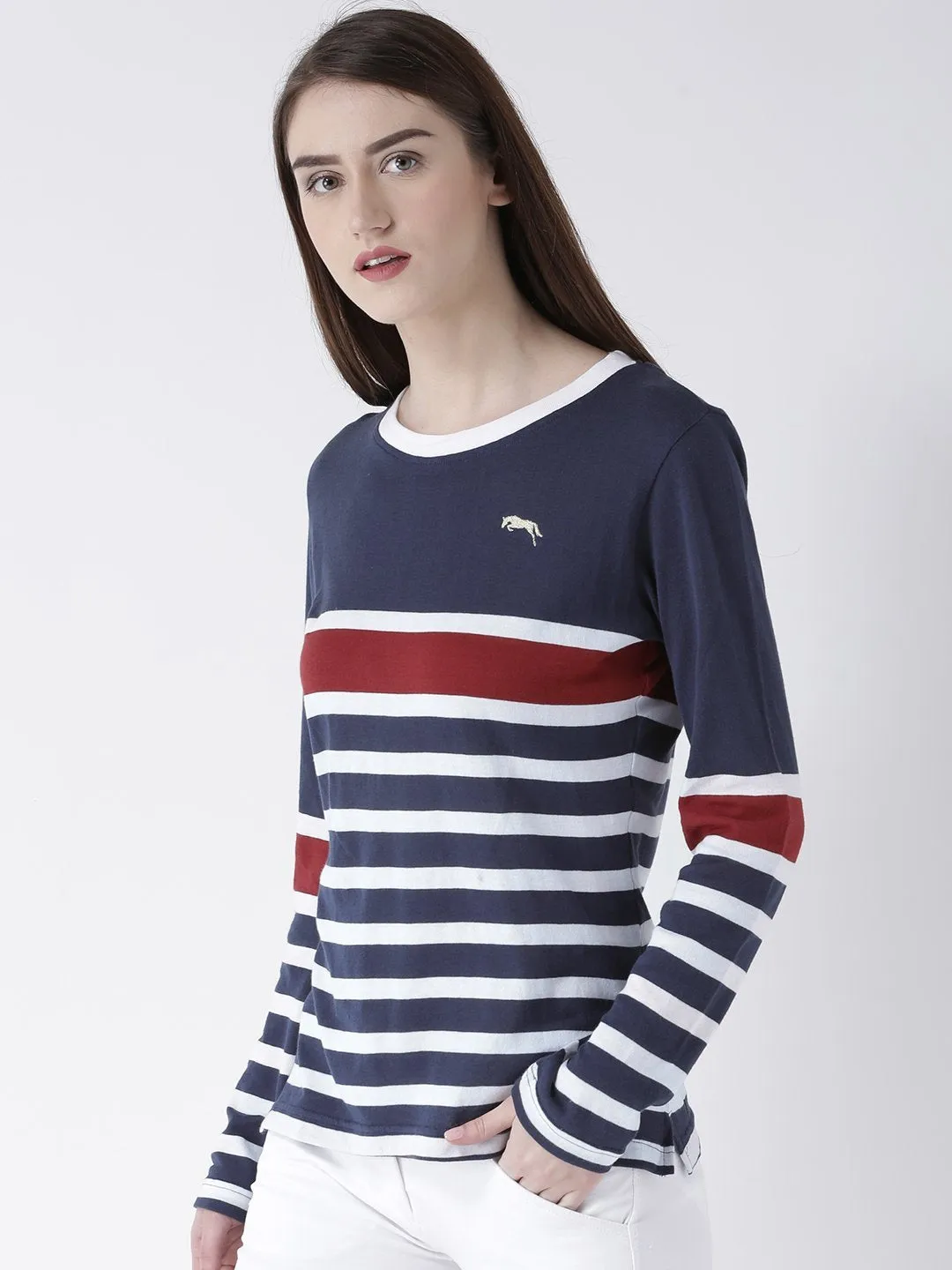 Women Navy Blue Striped Round Neck T-shirt