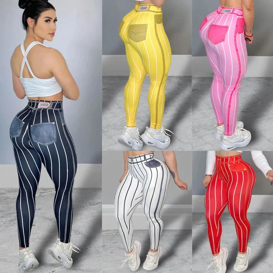 Women's High Waist Stripe Print Sports Leggings